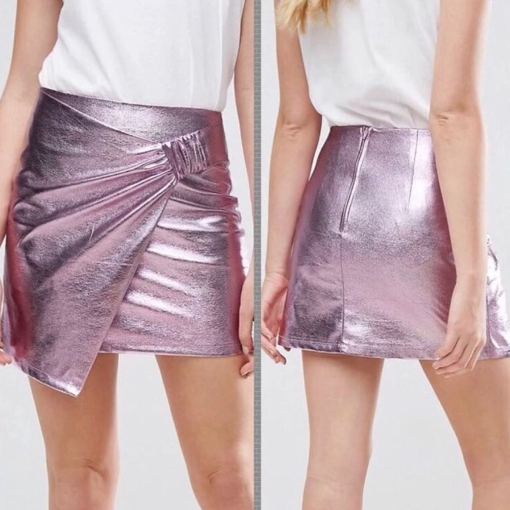 NWT ASOS Pink Metallic Vegan Leather Mini Skirt With Twist Detail .